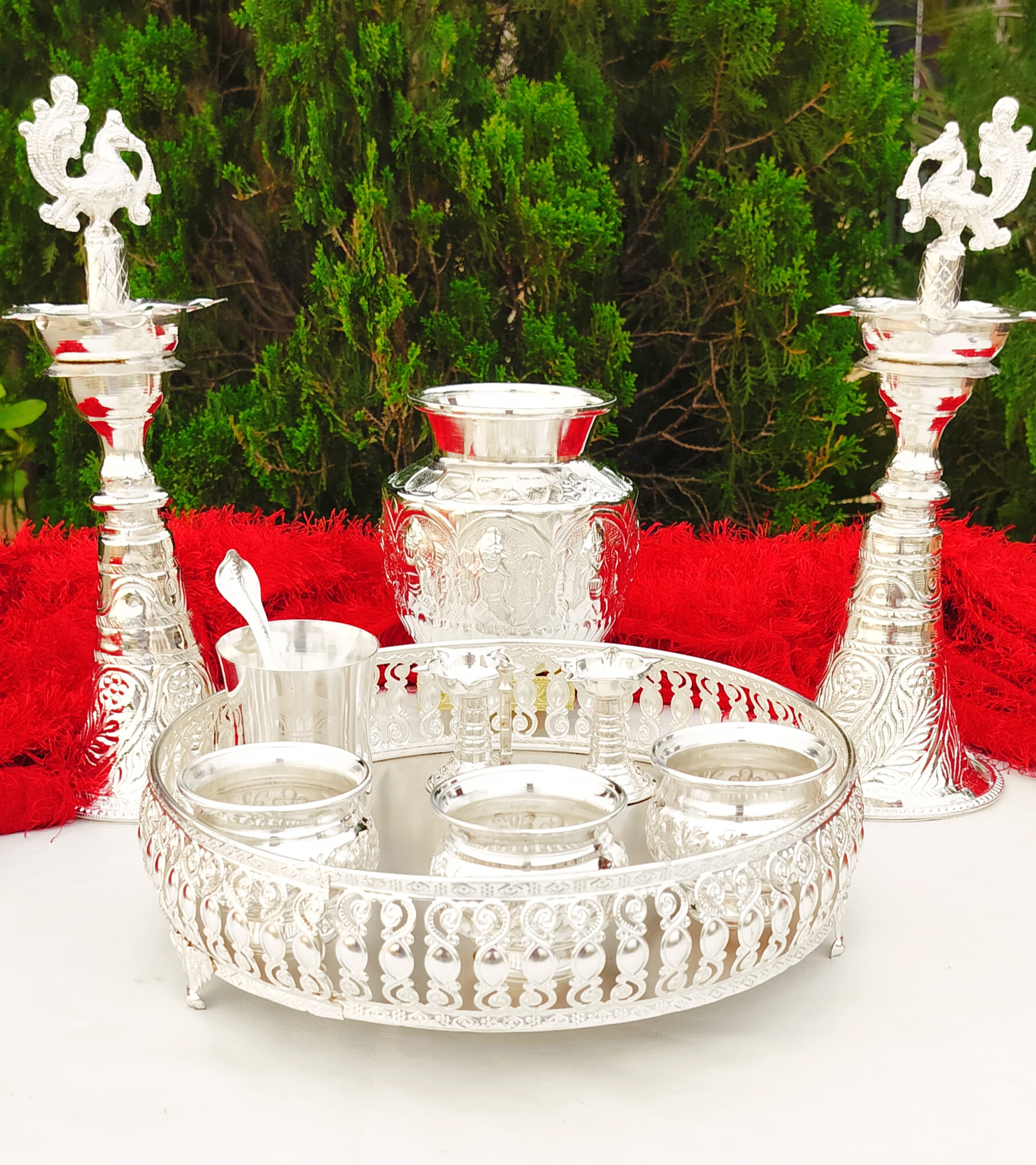 german silver pooja thali set 11 pieces for diwali/ varalakshmi/ housewarming